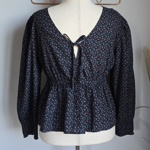 Madewell, New, Tie Back Navy Floral Peplum Campden Daisies Shirt, Size Large - Picture 9 of 15